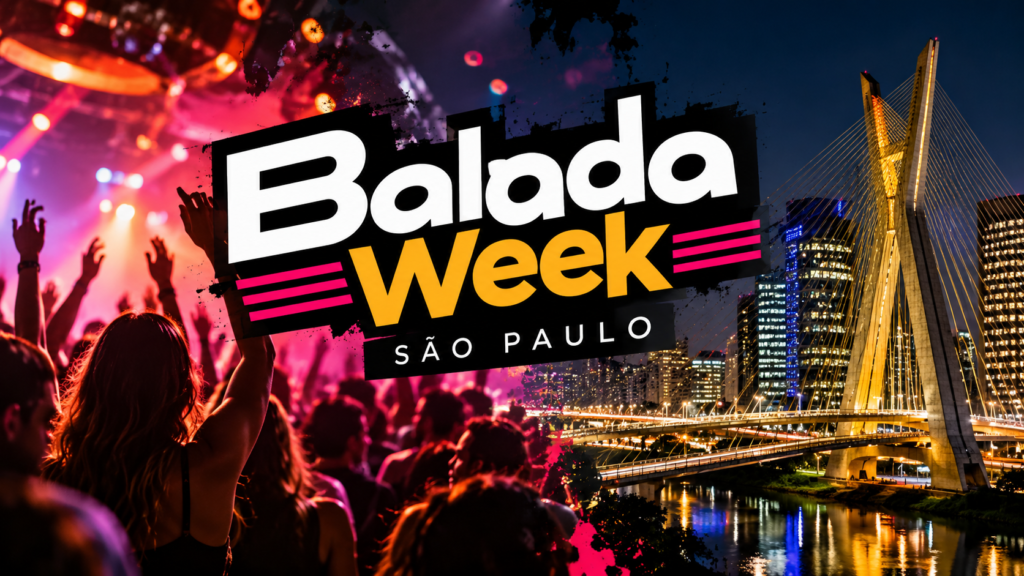 Balada Week em São Paulo com público em festa e skyline da cidade