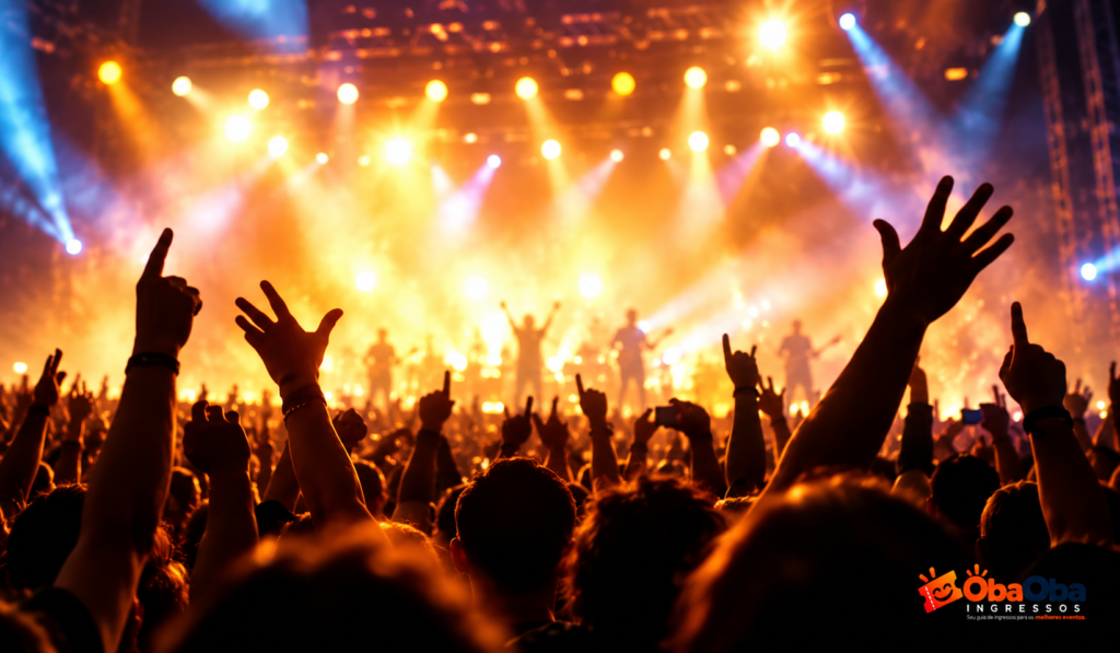Público em show com iluminação de palco e logo ObaOba Ingressos