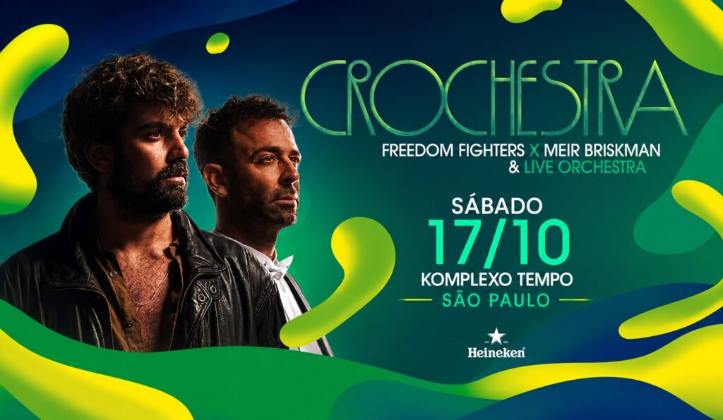 Cartaz do evento Crochestra Brasil 2026 em São Paulo, apresentando DJ Freedom Fighters e uma orquestra sinfônica.