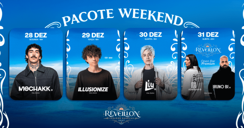 Réveillon 2026/27 no Parador Maresias, São Sebastião, com festas à beira-mar.